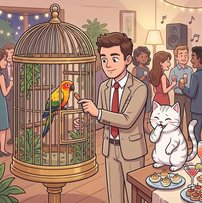 A man feeding a parrot in a birdcage at a party, watched by a delighted cat