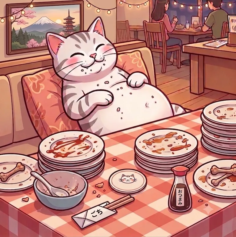 A very full cat surrounded by empty plates