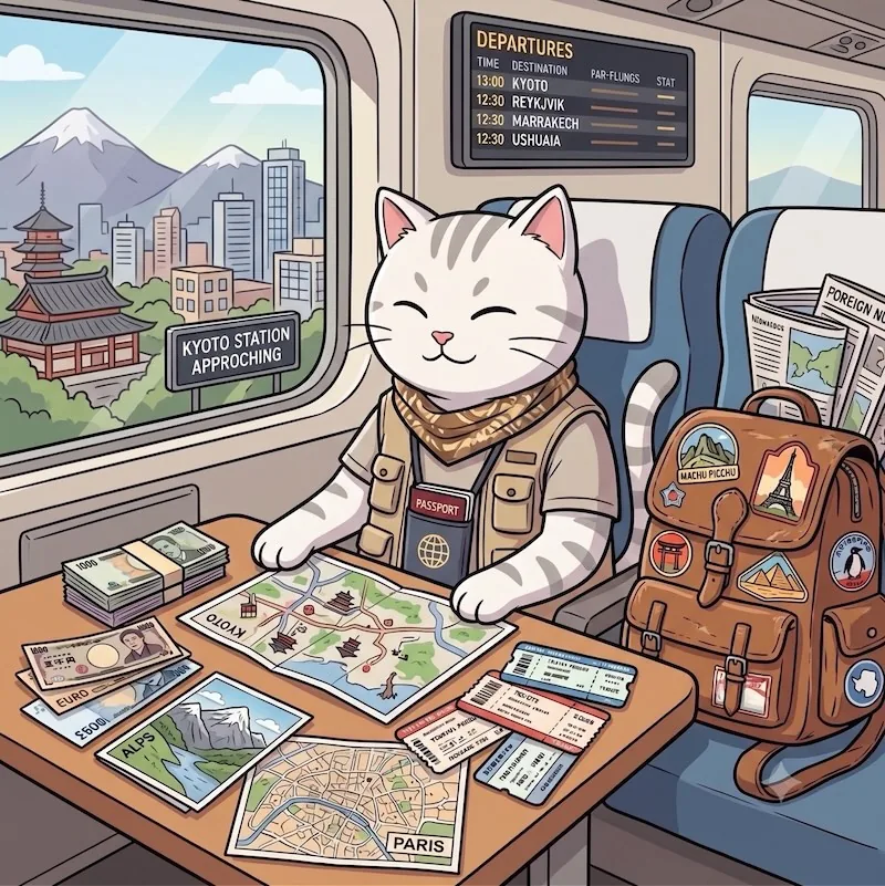 A cat on a train with maps, tickets and a well-travelled backpack
